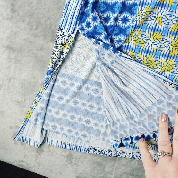 Susan Graver Womens‎ XL Asymmetrical Tunic Top Blue Yellow Patchwork Geometric - Picture 3 of 8